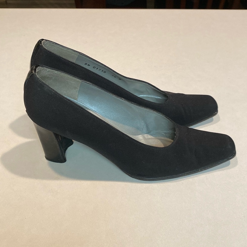 STUART WEITZMAN VTG FABRIC SQUARE TOE BLOCK HEEL BLACK SZ 7.5 B